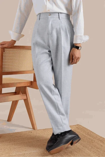 Men's Classic Light Grey Pleated Formal Trousers - Image 12