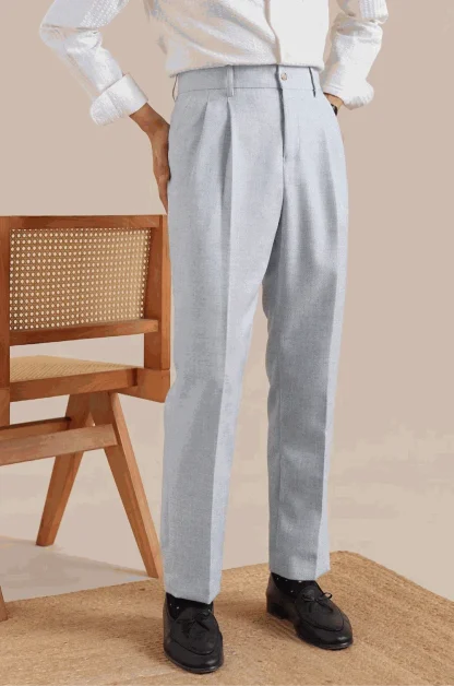 Men's Classic Light Grey Pleated Formal Trousers - Image 11