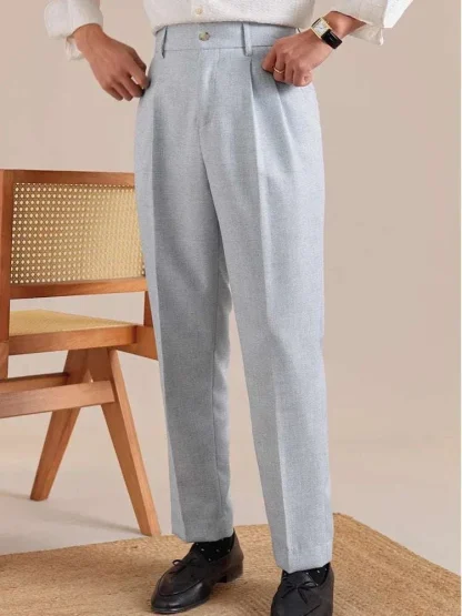 Men's Classic Light Grey Pleated Formal Trousers - Image 9