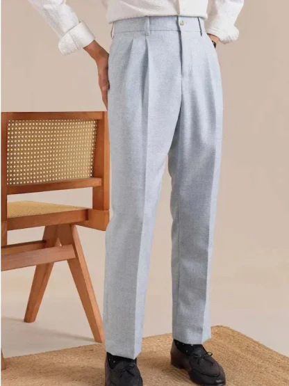 Men's Classic Light Grey Pleated Formal Trousers - Image 8