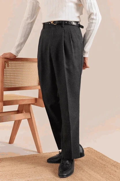 Men's Classic Light Grey Pleated Formal Trousers - Image 2