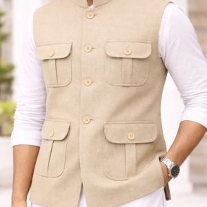 Beige Premium Nehru Jacket with Multi-Pocket Design – Elegant Ethnic Waistcoat for Men