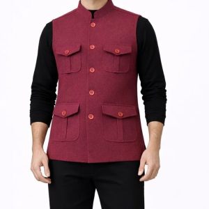 Maroon Classic Nehru Jacket with Multi-Pocket Design – Premium Ethnic Waistcoat for Men