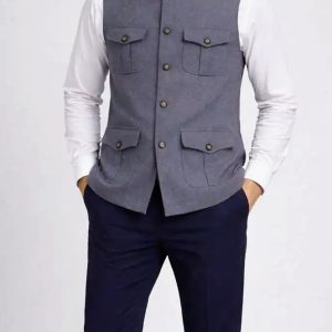 Charcoal Grey Premium Nehru Jacket with Multi-Pocket Design – Elegant Ethnic Waistcoat for Men