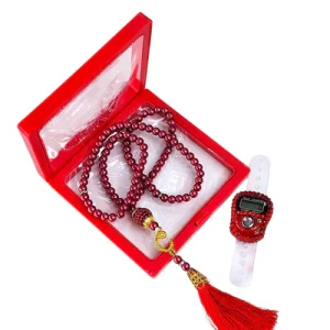 Ramadan Eid Gift Set - Prayer Beads + Digital Tasbih Counter Elegant Red