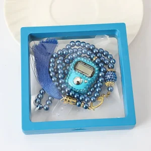 Ramadan Eid Gift Set - Prayer Beads + Digital Tasbih Counter Elegant Ocean Blue Pearl